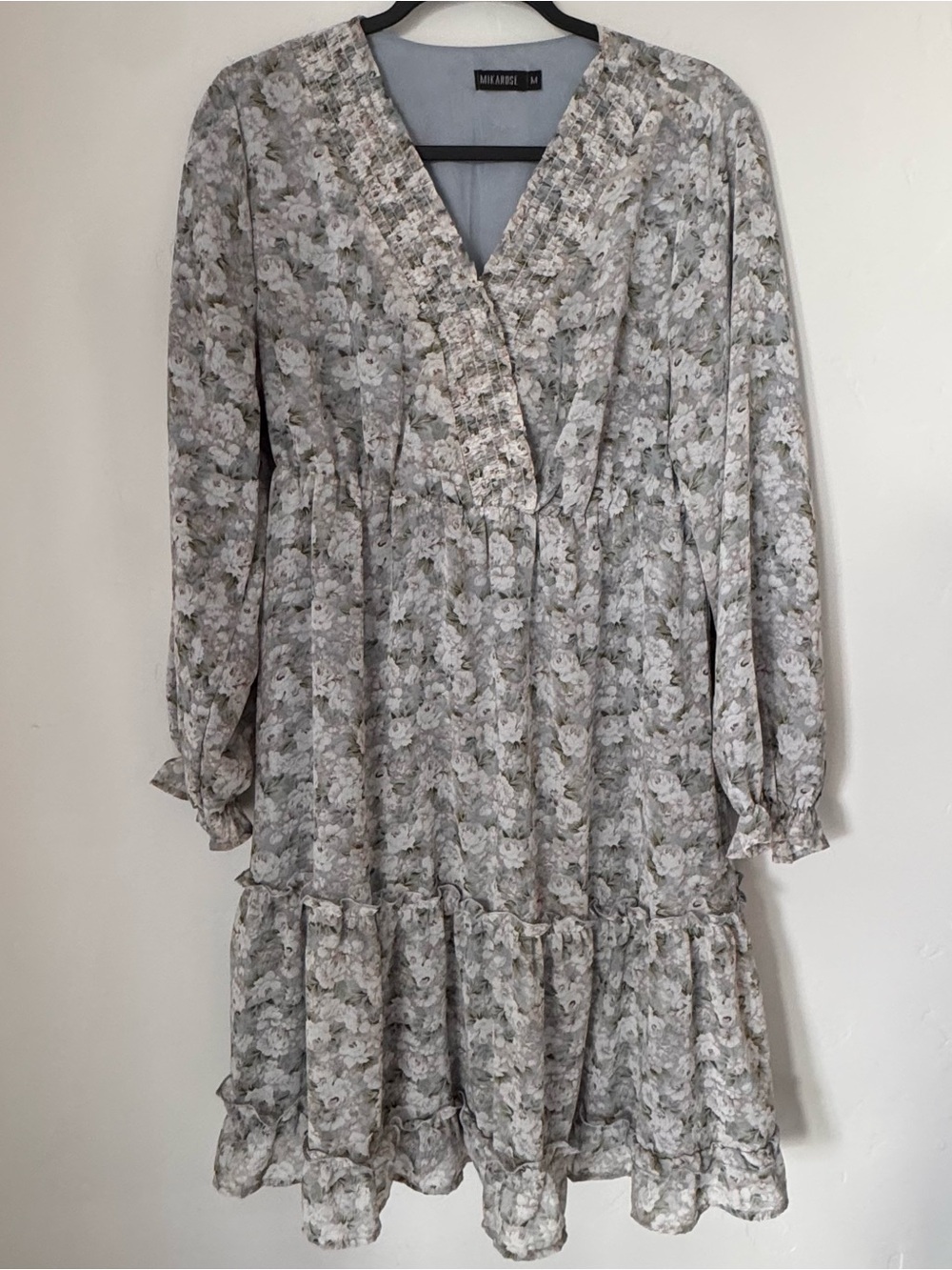 Mikarose Grey Floral Long Sleeve Smocked Tiered Midi Dress Modest Medium M